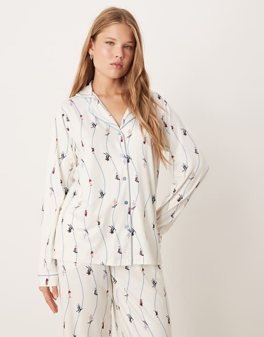 Threadbare Long Sleeve Button Down Ski Print Pyjamas In White And Blue