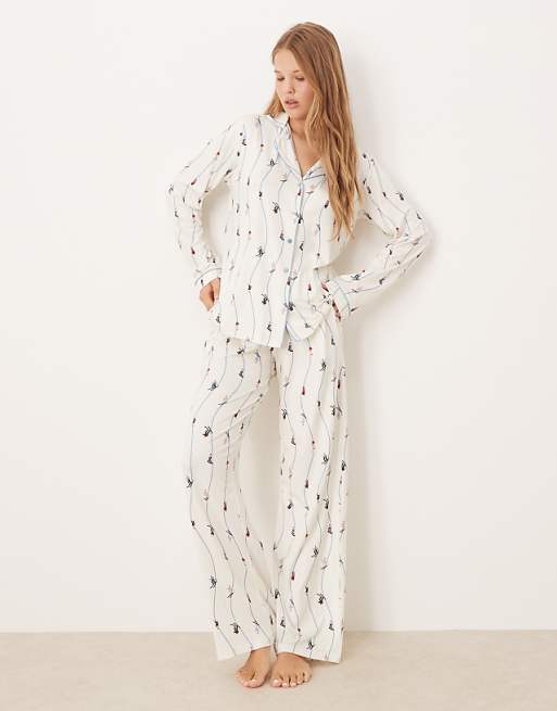 Threadbare long sleeve button down ski print pyjamas in white and blue