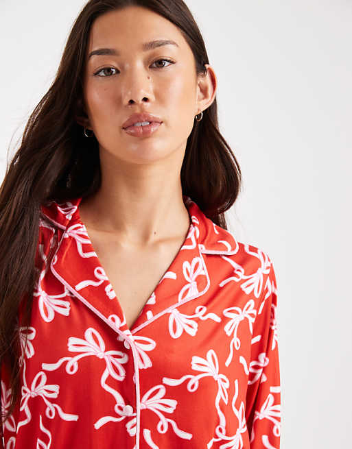 Threadbare Long Sleeve Pyjamas In Red With Bow Print