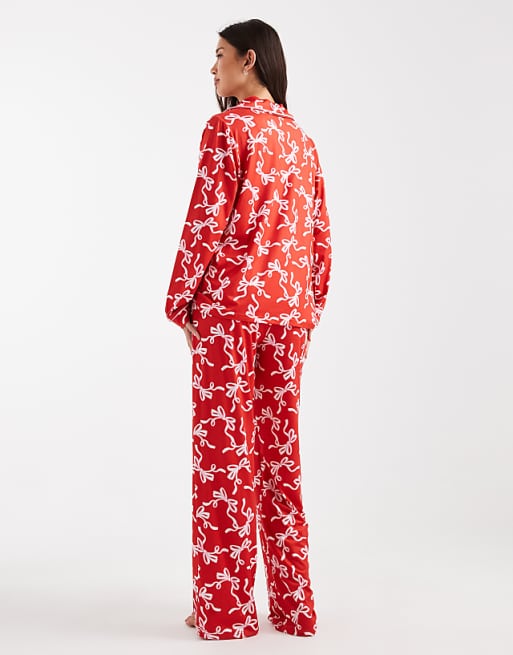 Threadbare Long Sleeve Pyjamas In Red With Bow Print