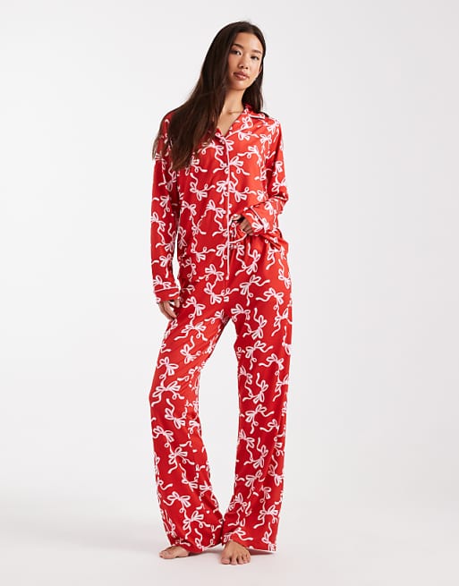 Threadbare long sleeve pyjamas in red with bow print