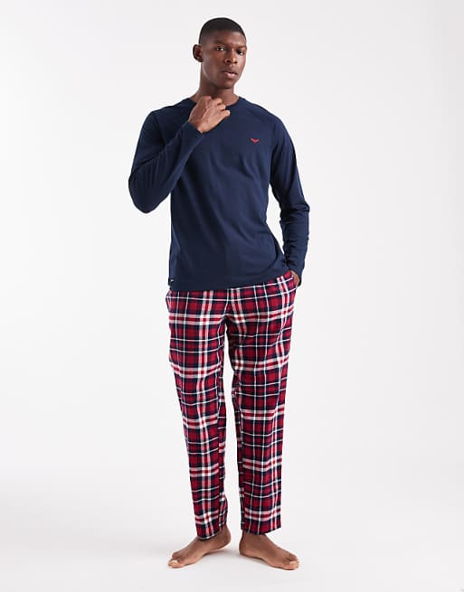 Threadbare Long Sleeve Top And Trouser Pyjama Set In Navy And Red Check