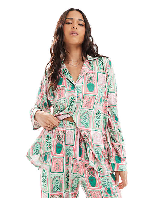Threadbare Printed Long Button-through Pyjama Set In Pale Green