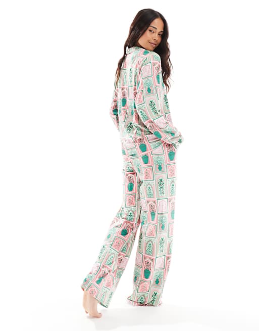 Threadbare Printed Long Button-through Pyjama Set In Pale Green