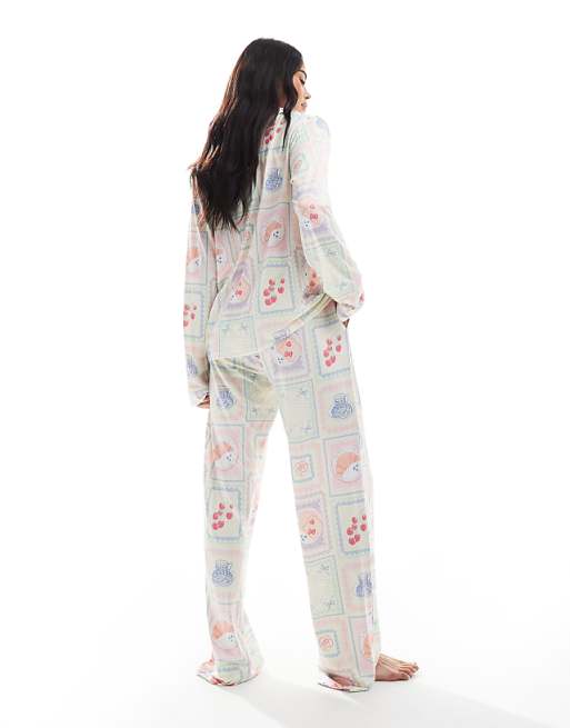 Threadbare Soft Touch Tile Print Pyjama Set In White