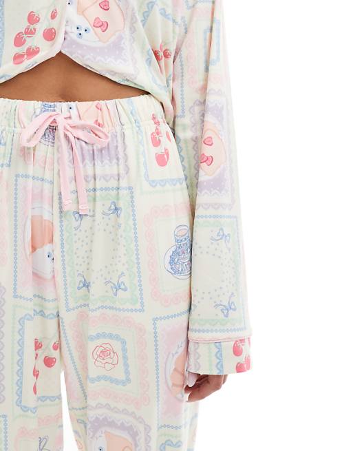 Threadbare Soft Touch Tile Print Pyjama Set In White