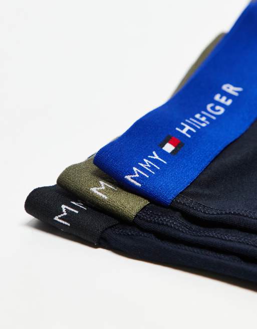 Tommy Hilfiger Signature Cotton Essentials 3 Pack Boxer Briefs In Black With Blue/black/khaki Waistband