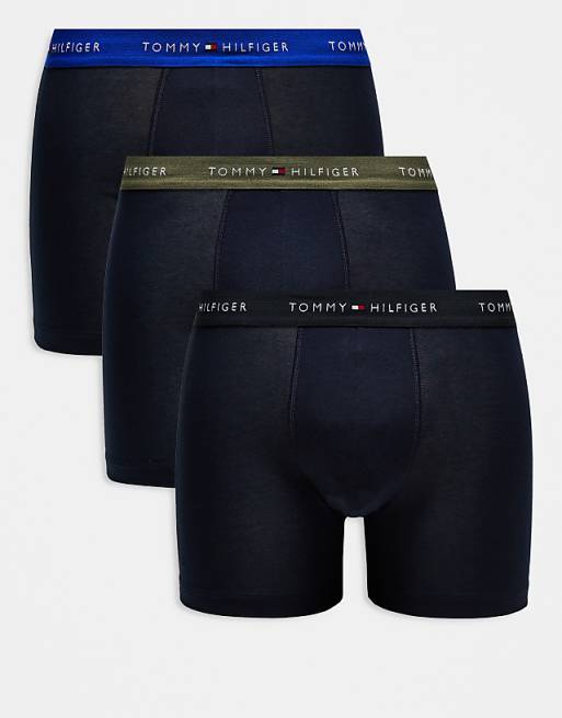 Tommy Hilfiger signature cotton essentials 3 pack boxer briefs in black with blue/black/khaki waistband