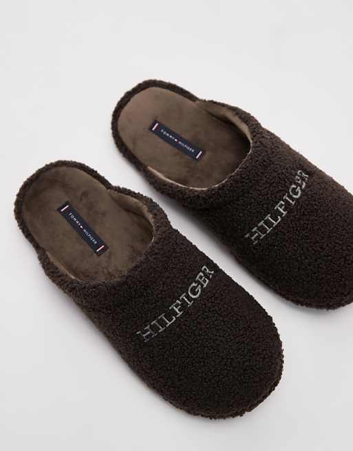 Tommy Hilfiger Teddy Slippers In Dark Brown