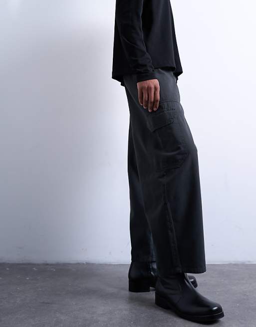 Topman Canvas Barrel Cargo Trouser In Washed Black