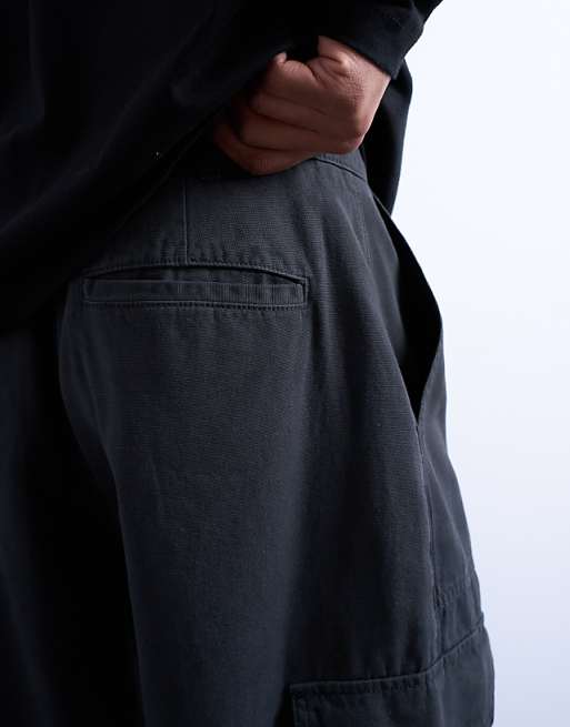 Topman Canvas Barrel Cargo Trouser In Washed Black