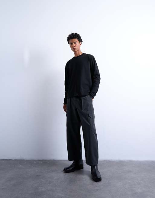 Topman canvas barrel cargo trouser in washed black