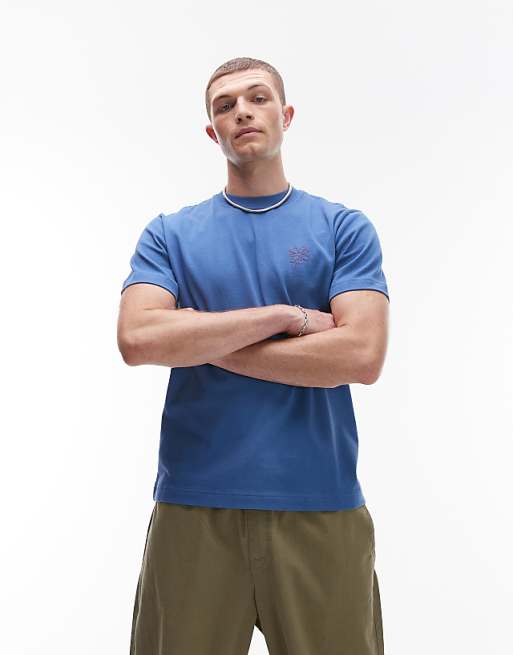 Topman Crop Fit T-shirt With Flower Embroidery In Blue