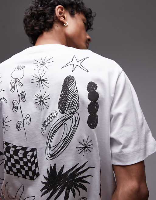 Topman Crop T-shirt With Front And Back Scribble Print And Embroidery In White