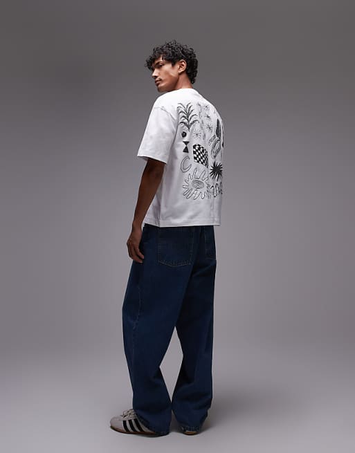 Topman Crop T-shirt With Front And Back Scribble Print And Embroidery In White