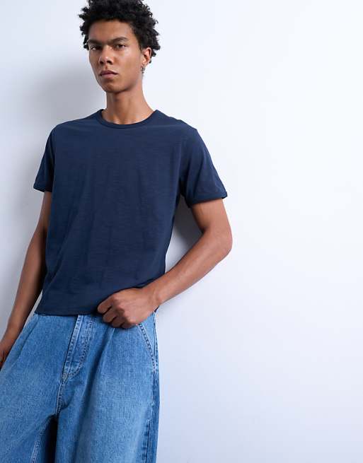 Topman Cropped Fit Slub T-shirt In Navy
