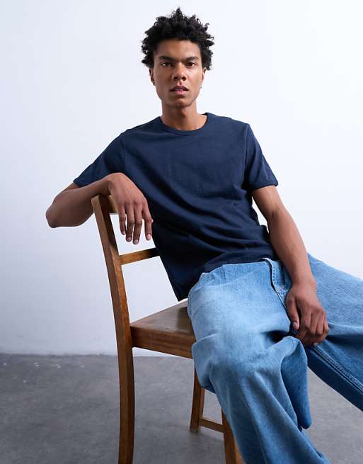 Topman cropped fit slub t-shirt in navy
