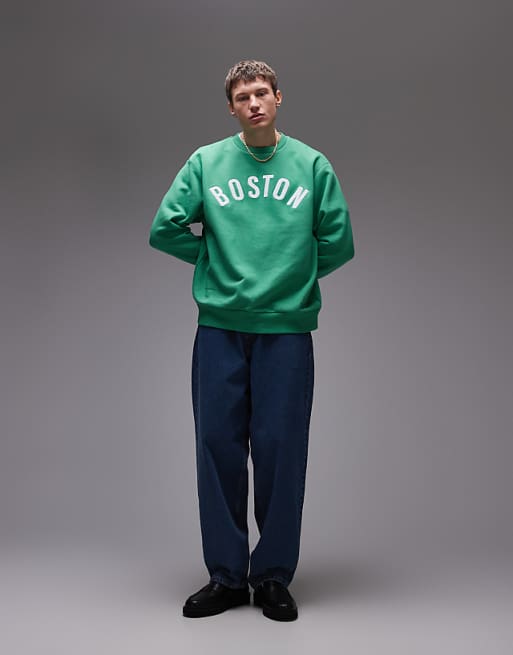 Topman Oversized Fit Sweatshirt With Boston Chenille Embroidery In Green