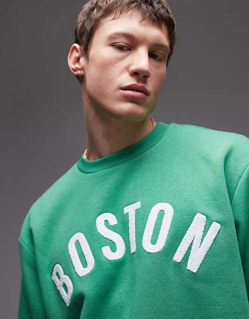 Topman Oversized Fit Sweatshirt With Boston Chenille Embroidery In Green