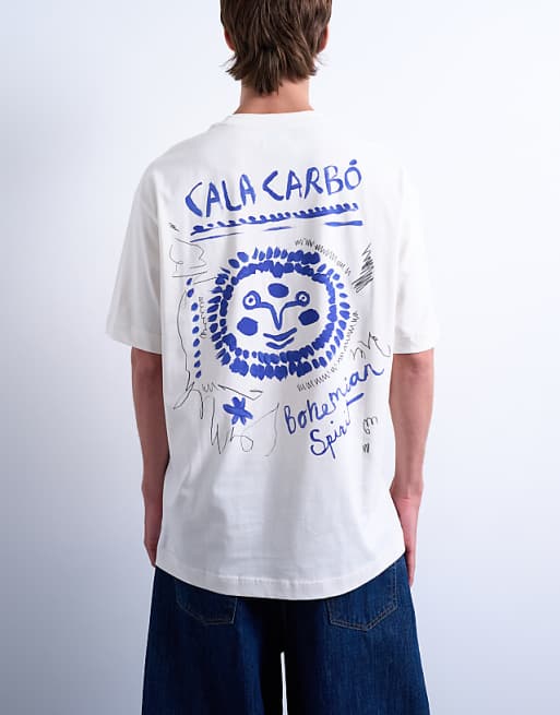 Topman oversized fit t-shirt with front and back Cala Carbo print in ecru