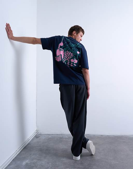 Topman Oversized Fit T-shirt With Front And Back Fruit And Wine Print In Navy