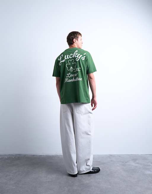 Topman Oversized Fit T-shirt With Front And Back Lucky Print In Washed Green