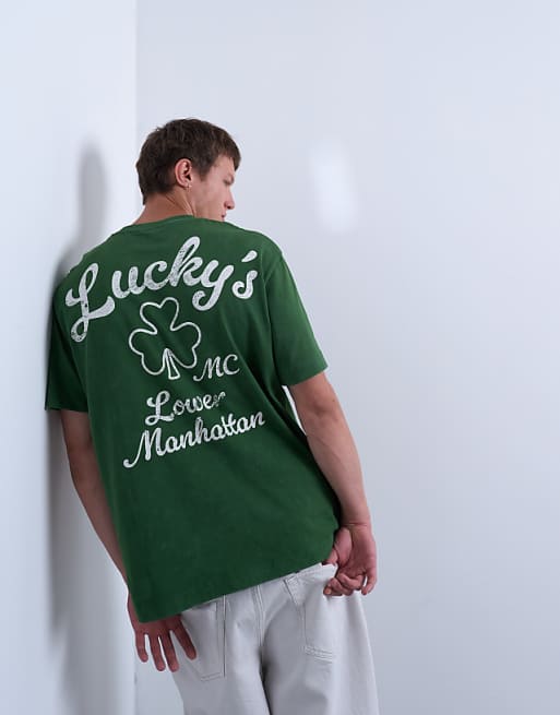 Topman Oversized Fit T-shirt With Front And Back Lucky Print In Washed Green