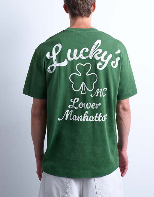 Topman oversized fit t-shirt with front and back lucky print in washed green
