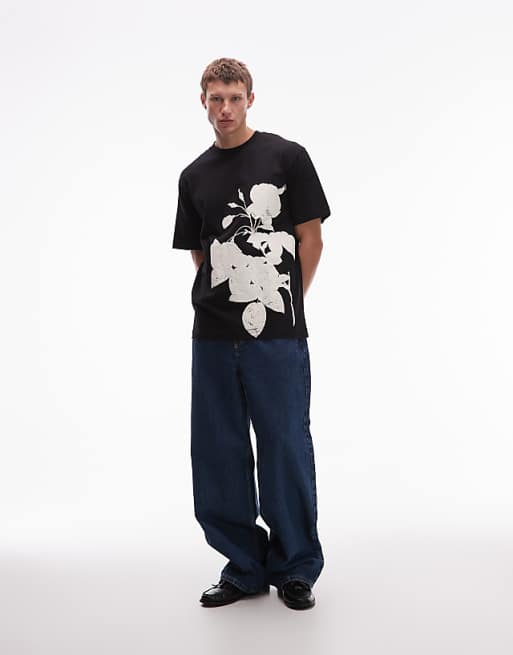 Topman Oversized Fit T-shirt With Mono Floral Print In Black