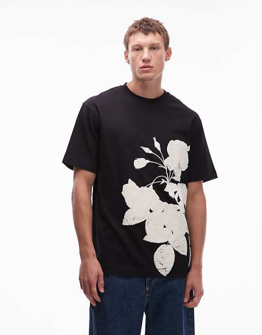 Topman oversized fit t-shirt with mono floral print in black