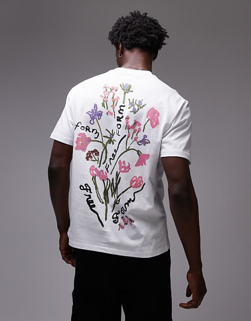 Topman oversized printed floral t-shirt in ecru