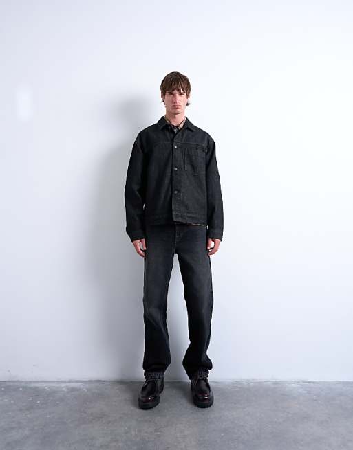 Topman raw denim jacket in black