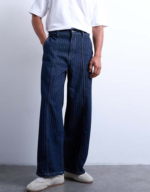 Topman Wide Leg Jean In Rinse Stripe