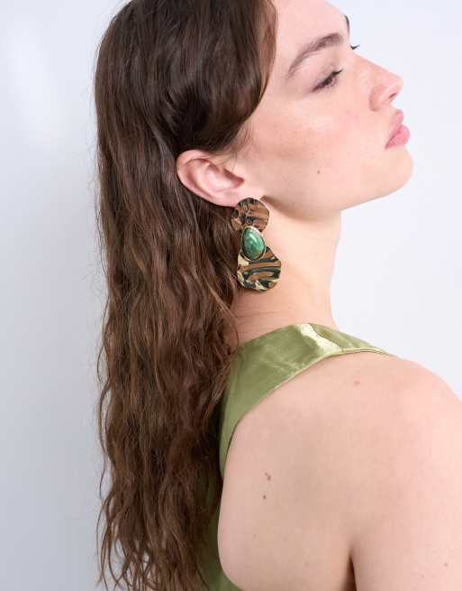Topshop Bailey Statement Earrings With Stone In Gold And Green