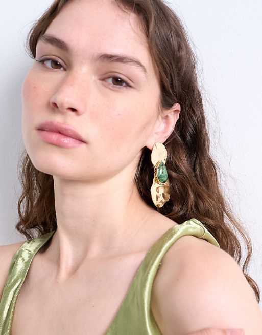 Topshop Bailey statement earrings with stone in gold and green
