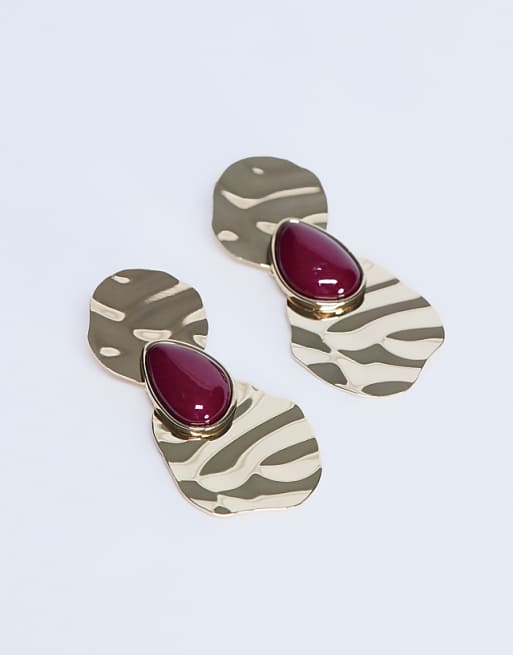 Topshop Bailey statement earrings with stone in gold and burgundy