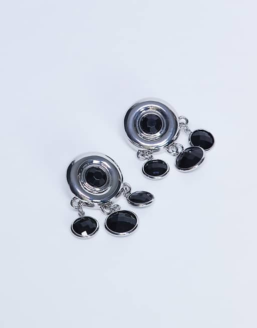 Topshop Becca drop earrings in silver and black
