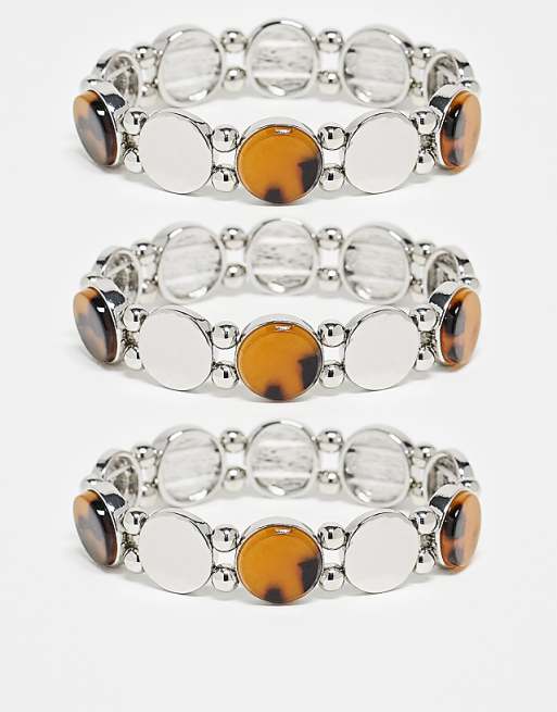 Topshop Bella 3 pack bracelets in silver tone & brown tortoise shell