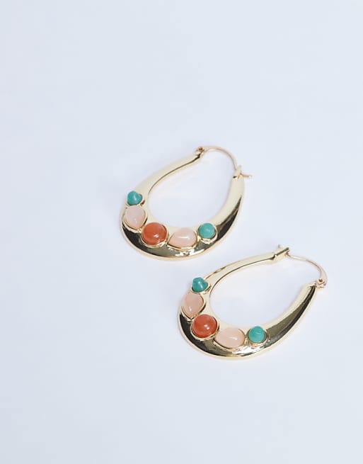 Topshop Belle Hoop Earrings With Semi-precious Stones In Gold