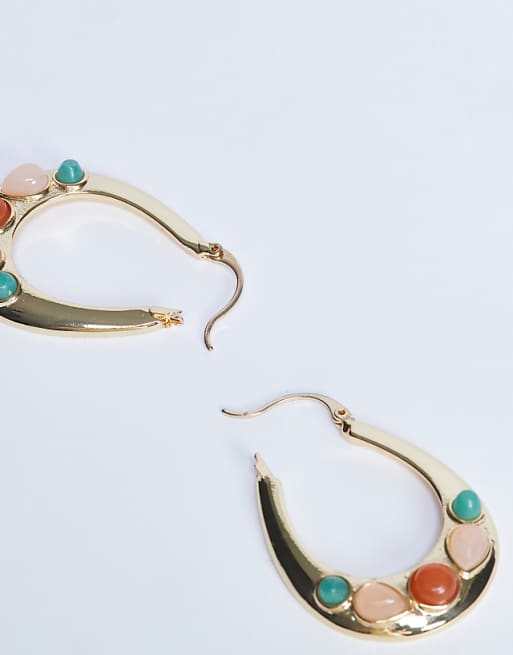Topshop Belle Hoop Earrings With Semi-precious Stones In Gold