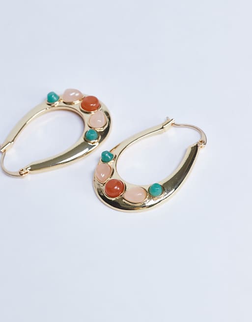 Topshop Belle Hoop Earrings With Semi-precious Stones In Gold