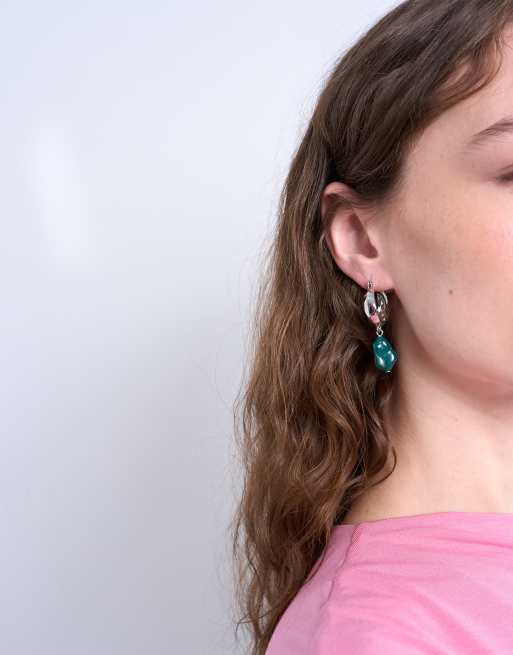 Topshop Billie Molten Hoop Earring With Stone In Turquoise