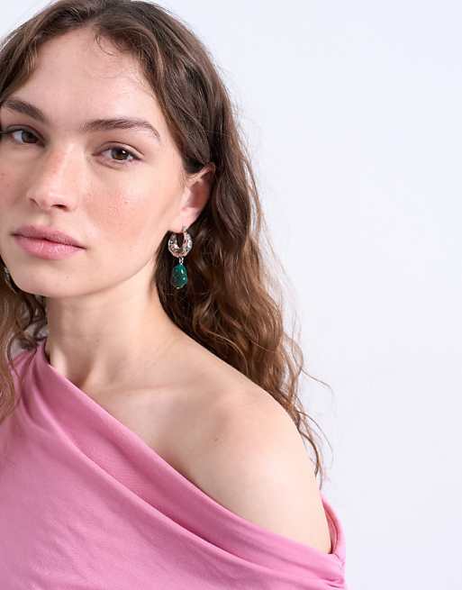 Topshop Billie molten hoop earring with stone in turquoise