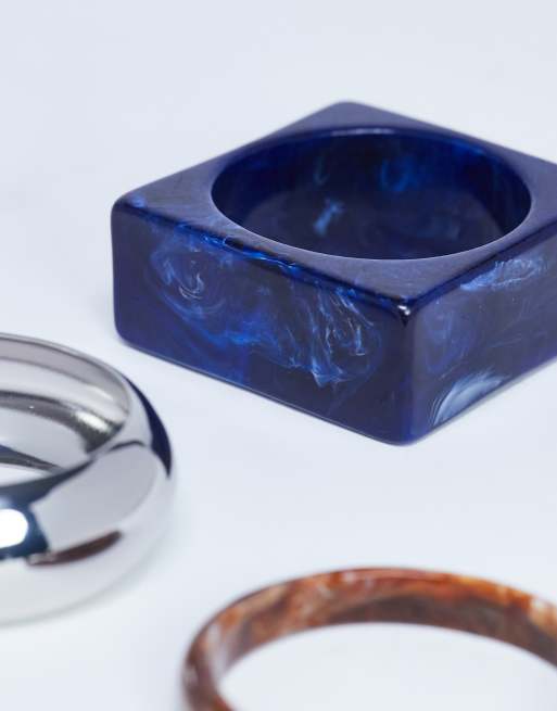 Topshop Blanks 3 Pack Bangles In Wood Silver & Blue