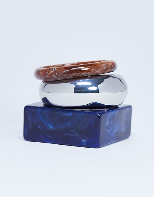 Topshop blanks 3 pack bangles in wood silver & blue