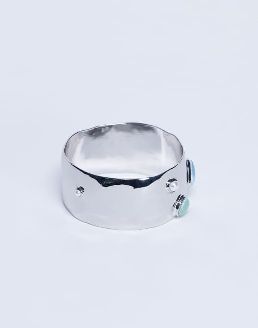 Topshop Bree Large Bangle Bracelet With Stones In Silver