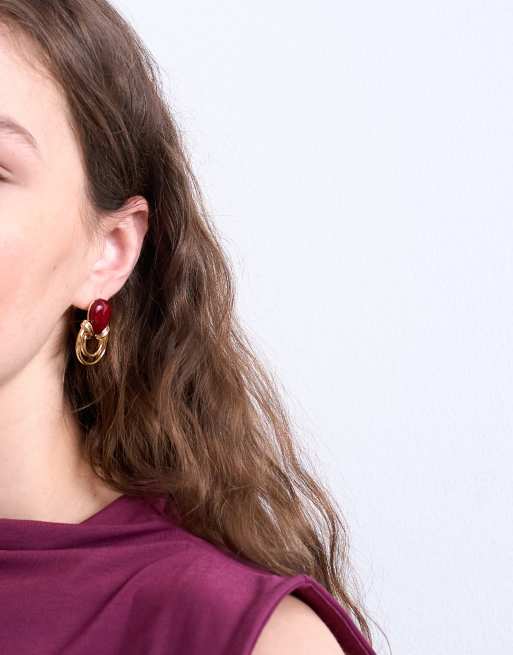 Topshop Bryony Door Knocker Stud Earrings With Stone In Gold And Burgundy