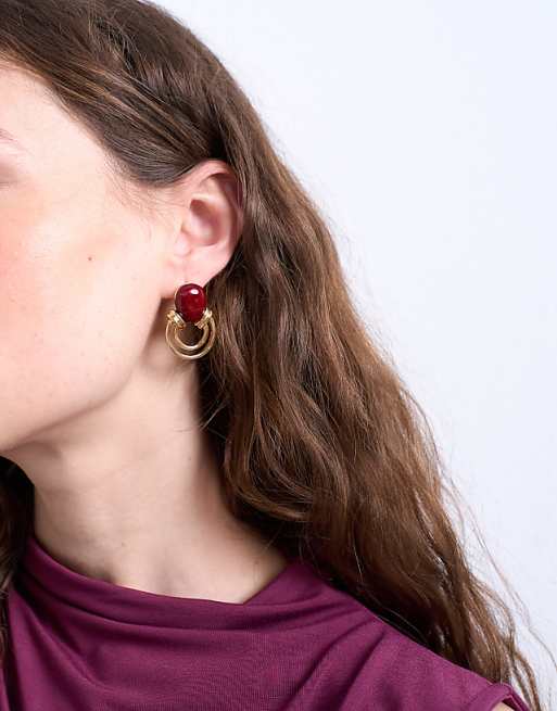 Topshop Bryony door knocker stud earrings with stone in gold and burgundy