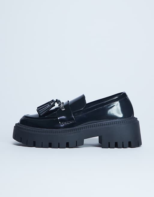 Topshop Cameron tassel loafer with cleated sole in black