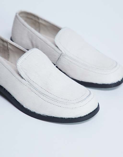 Topshop Corrie Real Leather Flat Shoe Loafer In Off White Pony